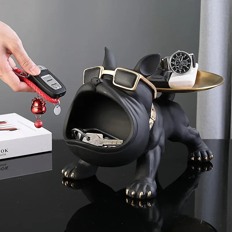 Resin Bulldog Statue with Storage Tray – Decorative Dog Sculpture for Modern Home Decor
